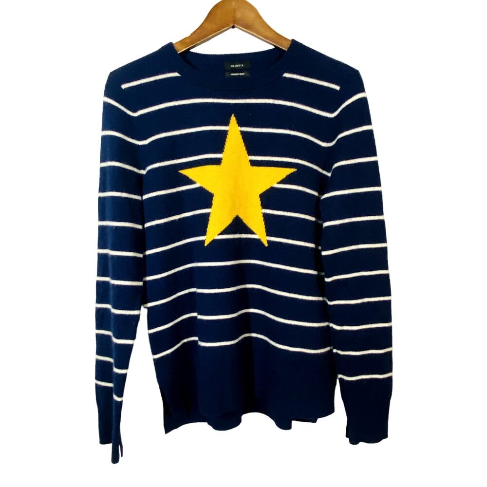 Halogen Crewneck Cashmere Wool Blend Sweater Star Stripe Blue Gold - M